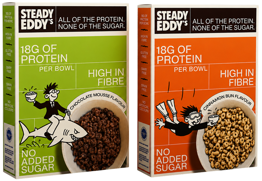 Steady Eddy's Chocolate Mousse and Cinnamon Bun cereal boxes